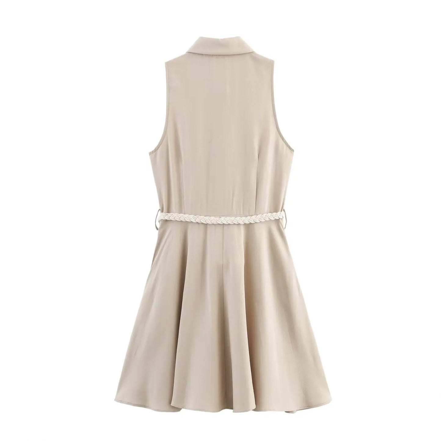 Vestido feminino mini, verão 2025, casual retrô, sem mangas, com cinto, gola redonda e cor lisa