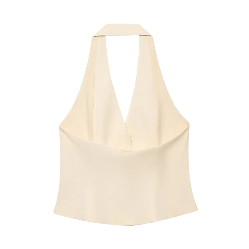 Colete feminino 2025, de cor lisa, decotado nas costas, modelagem justa, com gola halter, peça elegante/modeladora