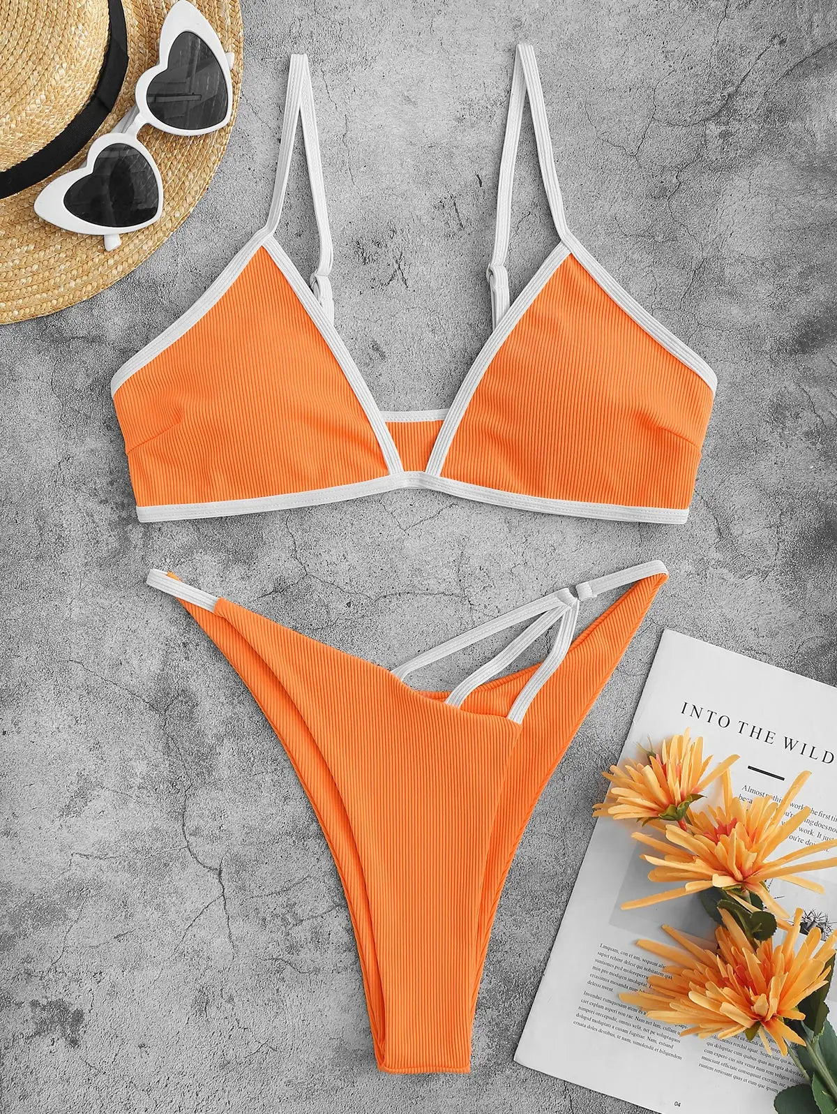 ZZAFUL – Conjunto de biquíni canelado com bojo e viés em contraste modelo brasileiro.