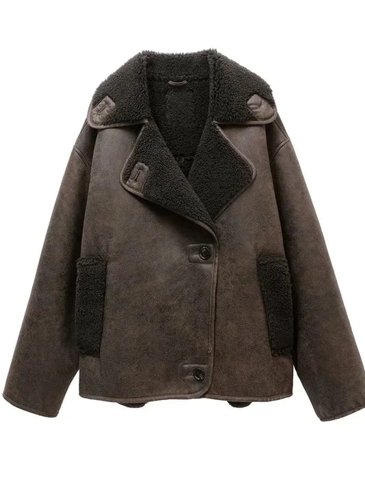 Jaqueta feminina grossa 2025, estilo vintage, em couro, com lapela, abotoamento simples, bolsos e estilo street, jaqueta quente.