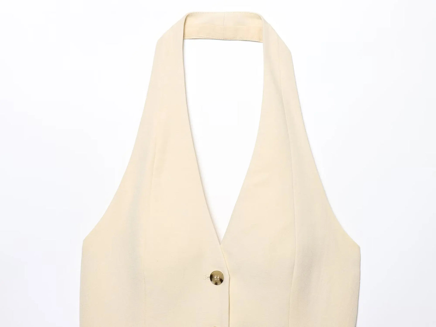 Colete feminino 2025, de cor lisa, decotado nas costas, modelagem justa, com gola halter, peça elegante/modeladora