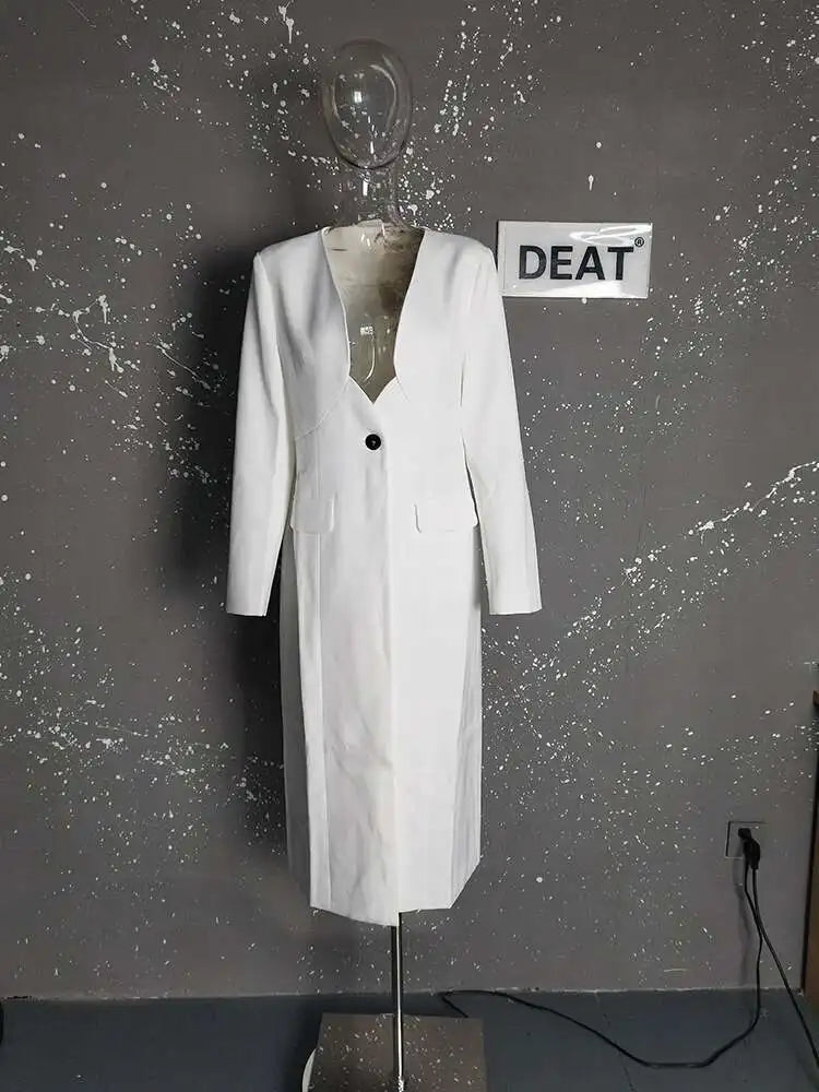 Blazer feminino longo, estilo luxo, com decote em V