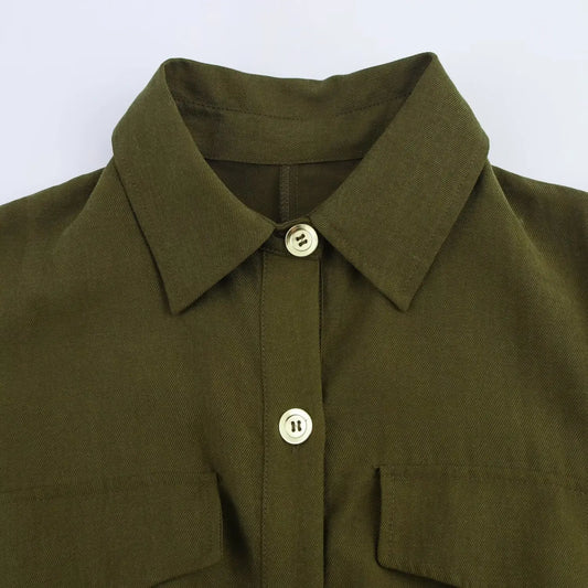 Vestido BSK&amp;TRAF feminino verão 2025, de cor lisa, simples, com cinto, manga curta e lapela