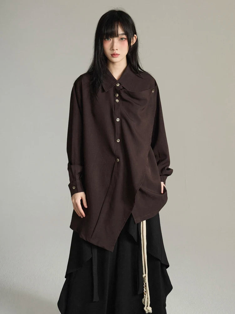 Camisa Feminina Cinza, Estilo Lenço Irregular, Gola Lapela,