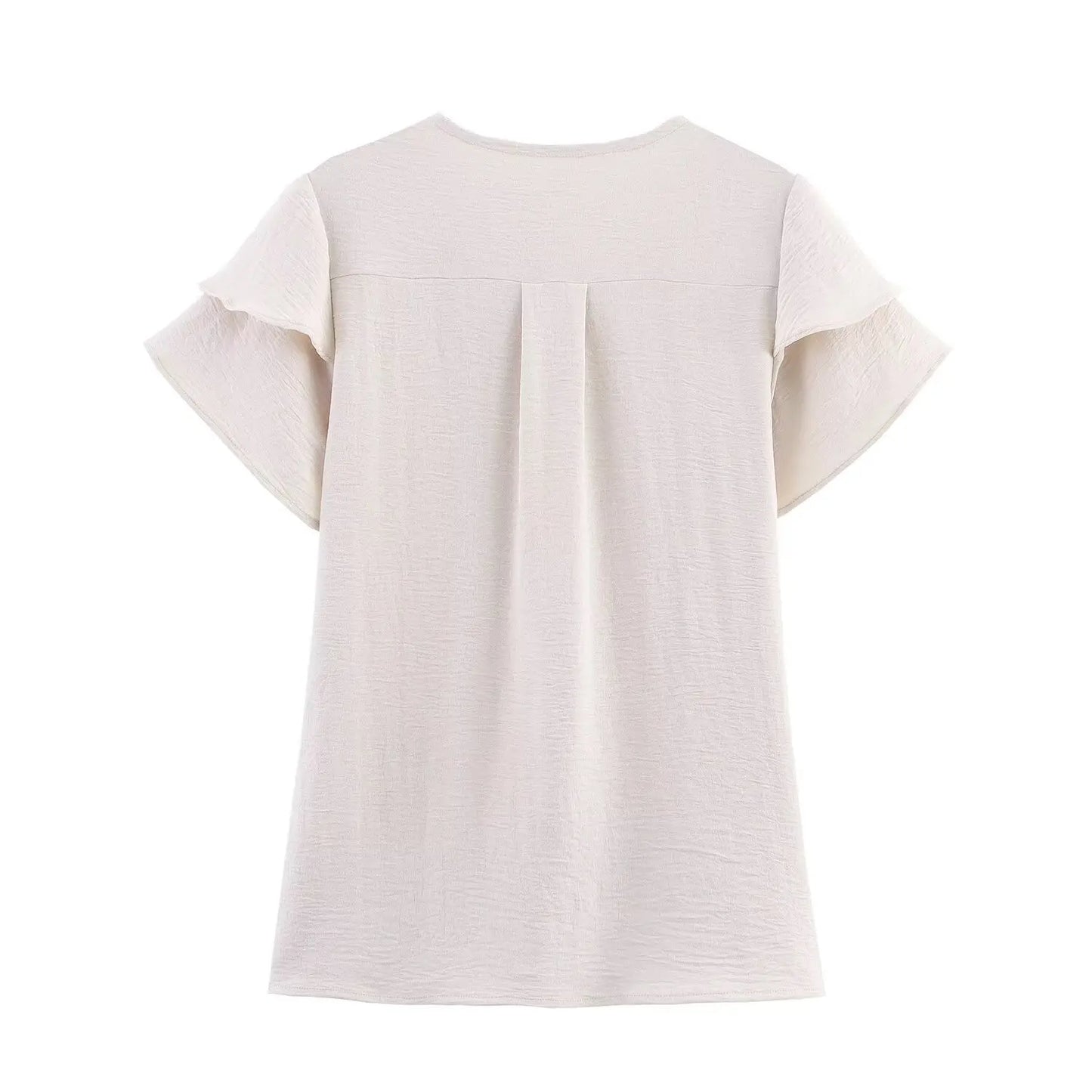 Blusa feminina verão 2025, cor lisa, estilo “commuter” (para o dia a dia), decote em V, de chiffon, com babados, manga curta, peça versátil que combina com tudo.