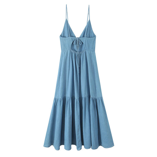 Vestido midi feminino 2025, estilo retrô de férias, com laço, modelagem solta e alças finas (suspender)