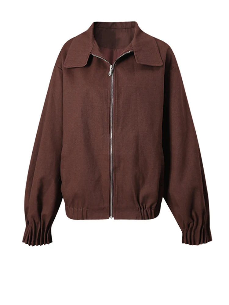 Jaqueta casual vintage oversized em tom café, nova, com lapela e mangas longas, casaco feminino fashion para primavera e outono 2025.