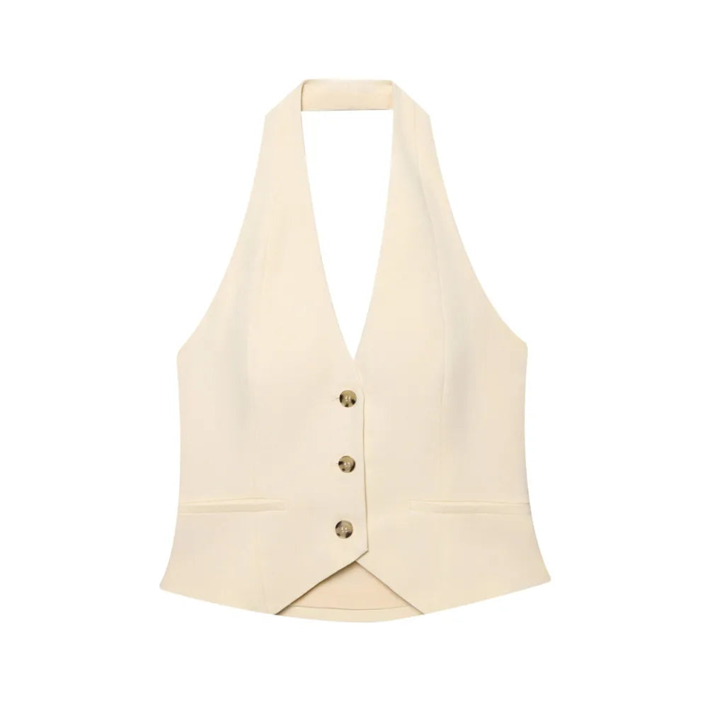 Colete feminino 2025, de cor lisa, decotado nas costas, modelagem justa, com gola halter, peça elegante/modeladora