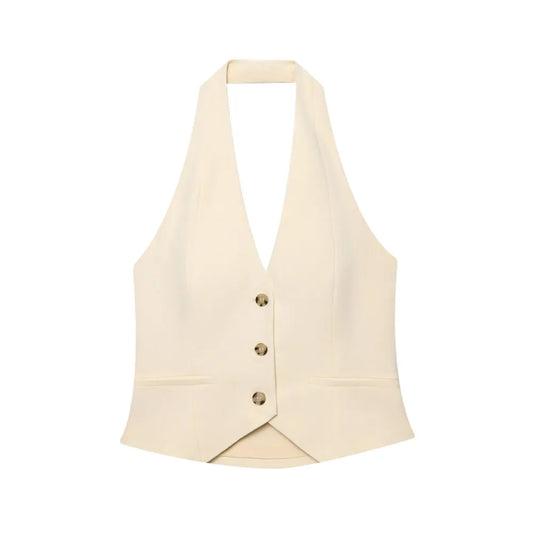 Colete feminino 2025, de cor lisa, decotado nas costas, modelagem justa, com gola halter, peça elegante/modeladora