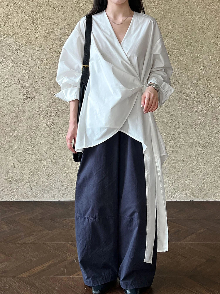 Blusa feminina preta com amarração, elegante, assimétrica, tamanho amplo para primavera e outono 2025.