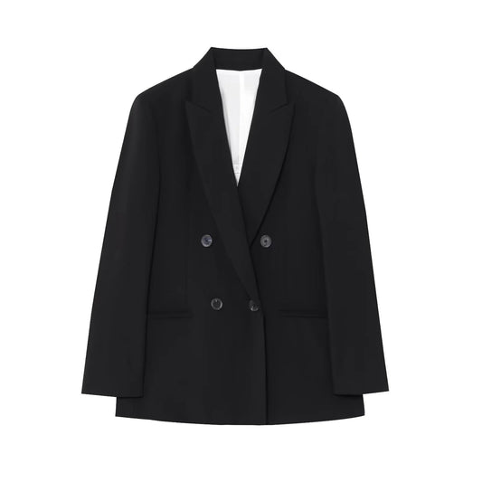 Blazer feminino 2025 com lapela, mangas longas e ombreiras, modelo de paletó double-breasted (com dois botões na frente), jaqueta para o dia a dia, soltinha e versátil.
