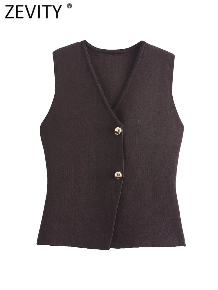 Zevity – novo colete/suéter feminino fashion em malha, com decotes em V, sem mangas, botões dourados, cor lisa, modelo justo e elegante.