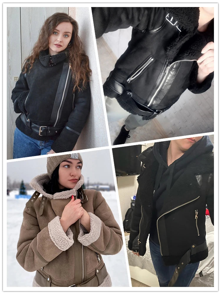 Jaqueta feminina de inverno 2025 em camurça grossa e quente, com forro de lã, modelo curto estilo motoqueiro em marrom, casaco em couro sintético tipo shearling/pele de carneiro.