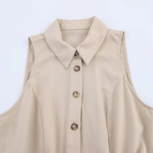 Vestido feminino mini, verão 2025, casual retrô, sem mangas, com cinto, gola redonda e cor lisa