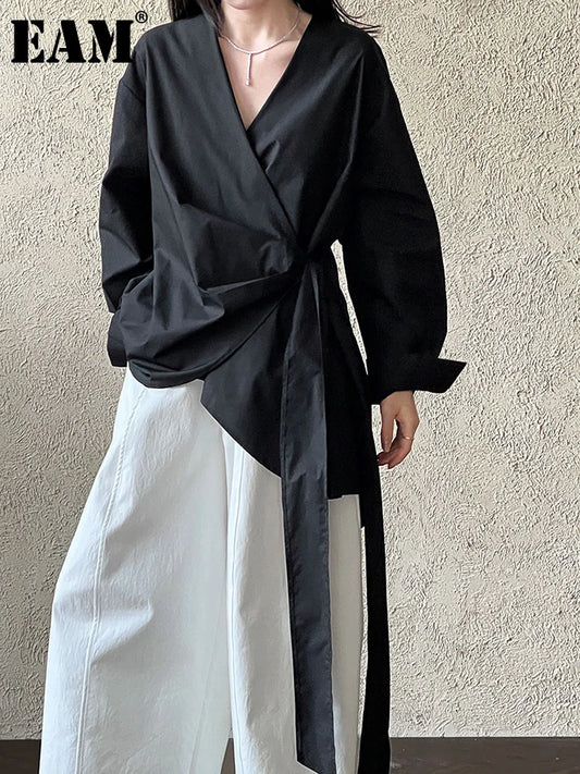 Blusa feminina preta com amarração, elegante, assimétrica, tamanho amplo para primavera e outono 2025.