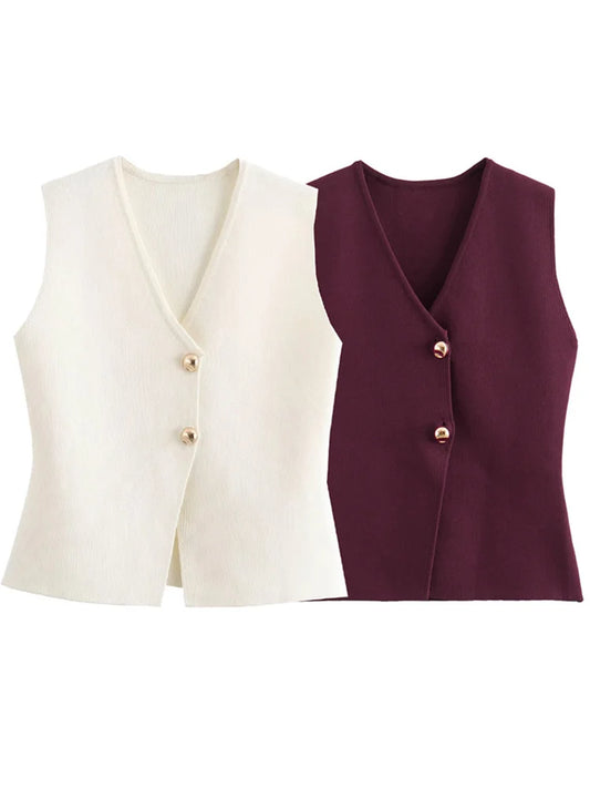 Zevity – novo colete/suéter feminino fashion em malha, com decotes em V, sem mangas, botões dourados, cor lisa, modelo justo e elegante.