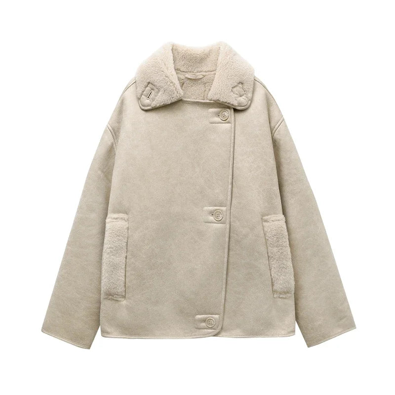 Jaqueta feminina grossa 2025, estilo vintage, em couro, com lapela, abotoamento simples, bolsos e estilo street, jaqueta quente.