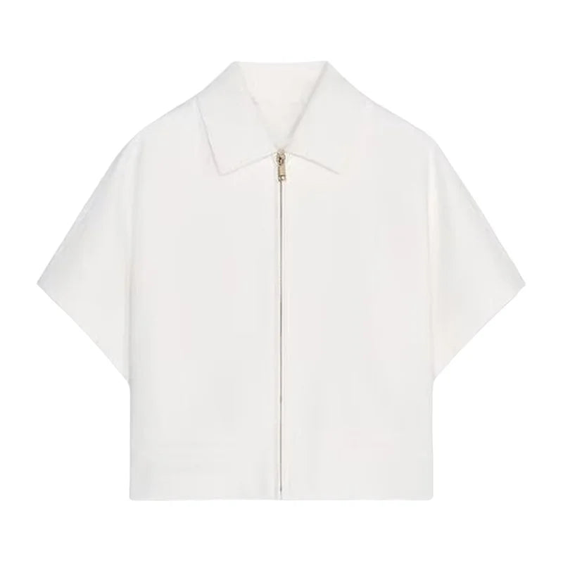 Camiseta feminina curta de verão 2025, lisa, simples e casual, com lapela e manga curta. 