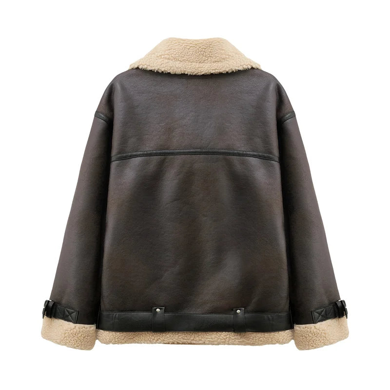 Jaqueta feminina outono/inverno 2025, estilo europeu, quente e grossa, com lapela dupla-face e mangas compridas