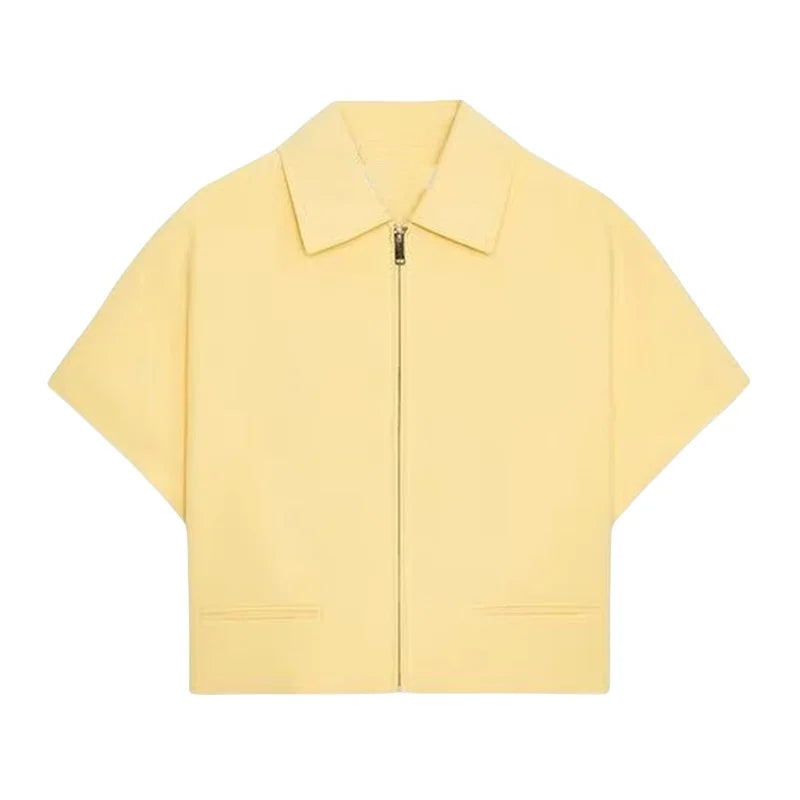 Camiseta feminina curta de verão 2025, lisa, simples e casual, com lapela e manga curta. 