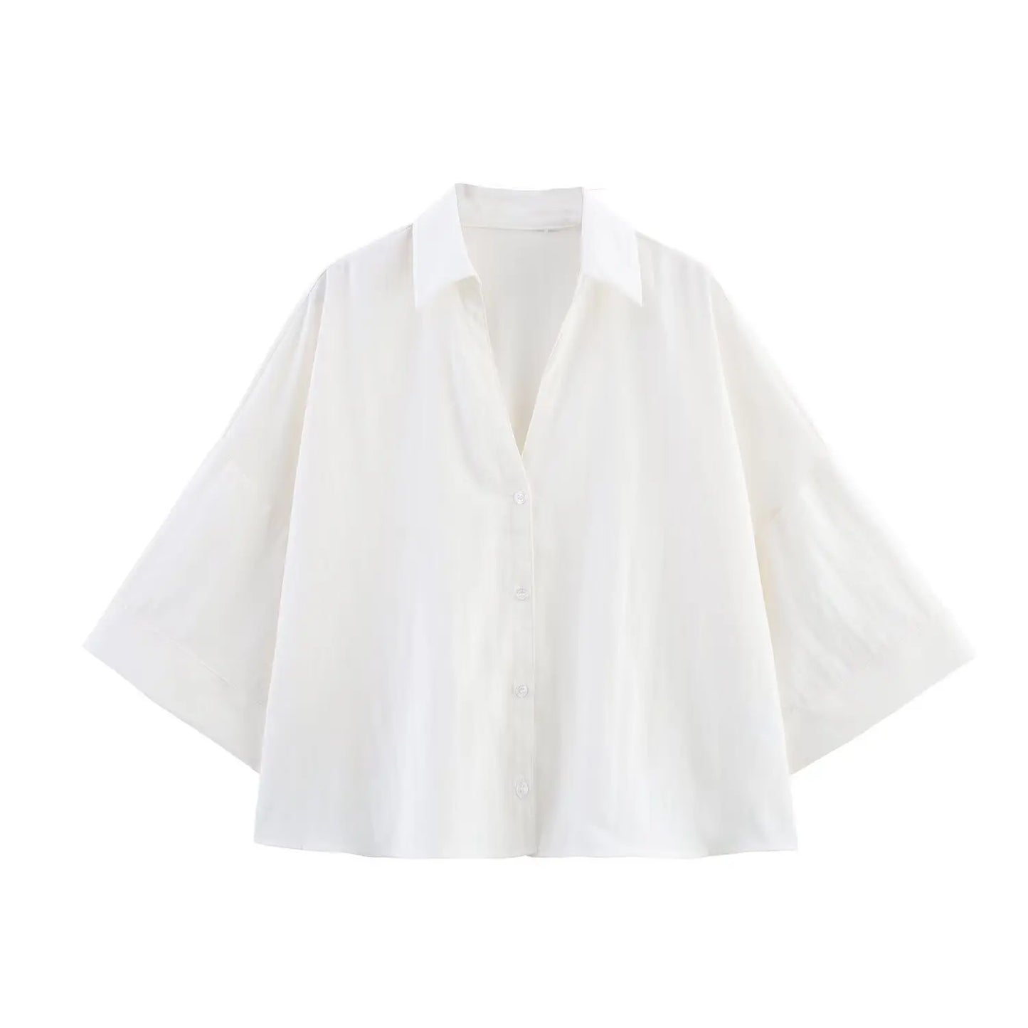 Camisa feminina BSK&amp;TRAF Verão 2025, com lapela, mangas curtas amplas e modelagem solta, estilo casual e elegante.