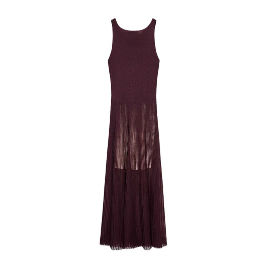 Vestido longo feminino canelado, sem mangas, com gola redonda, elegante – lançamentos de verão 2025