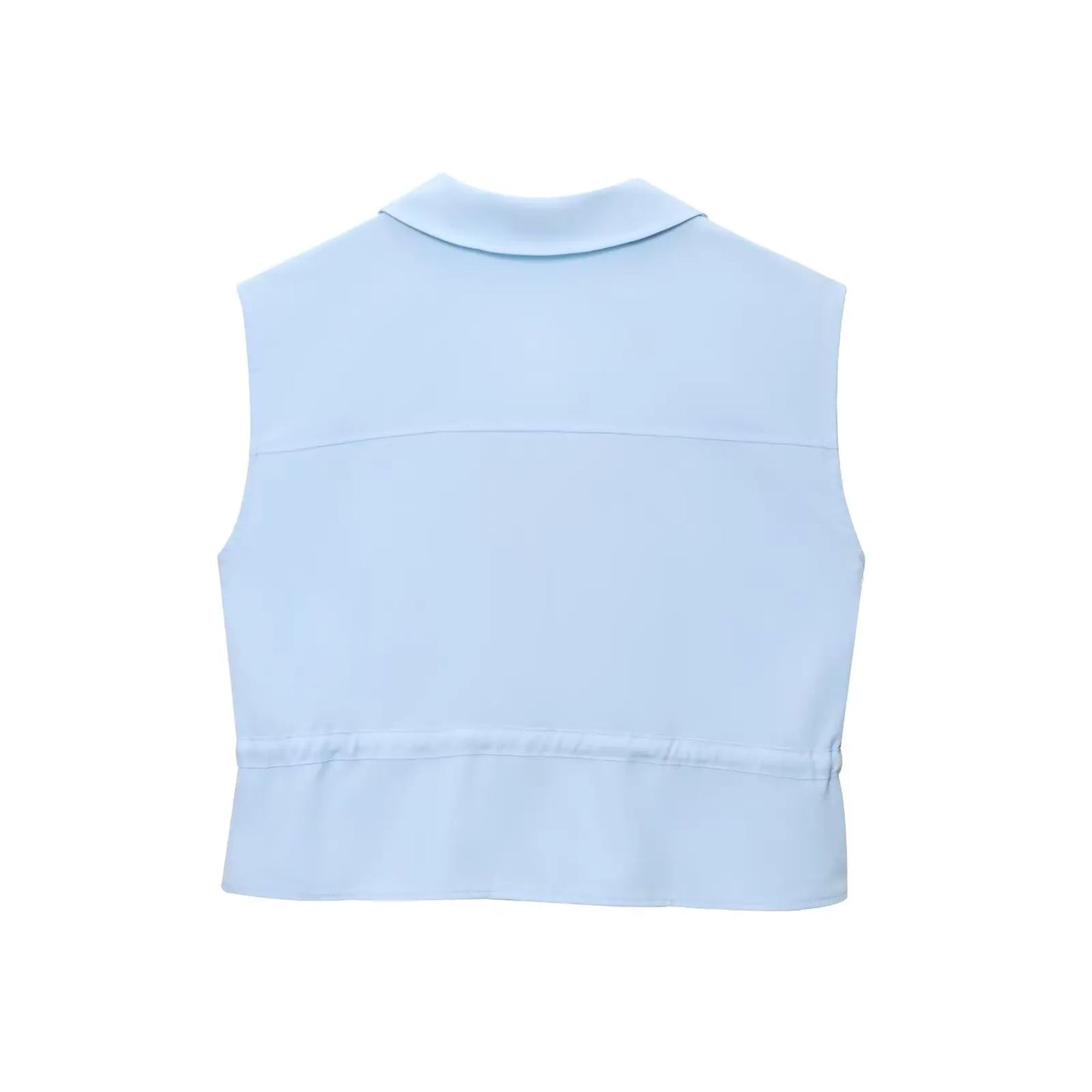 Conjunto BSK&amp;TRAF – Novidades Verão 2025: Top feminino sem mangas estilo safari, com lapela e caimento confortável + calça casual de perna larga e cintura alta.