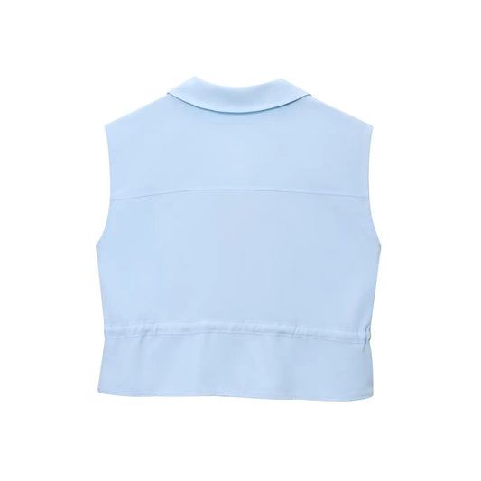 Conjunto BSK&amp;TRAF – Novidades Verão 2025: Top feminino sem mangas estilo safari, com lapela e caimento confortável + calça casual de perna larga e cintura alta.