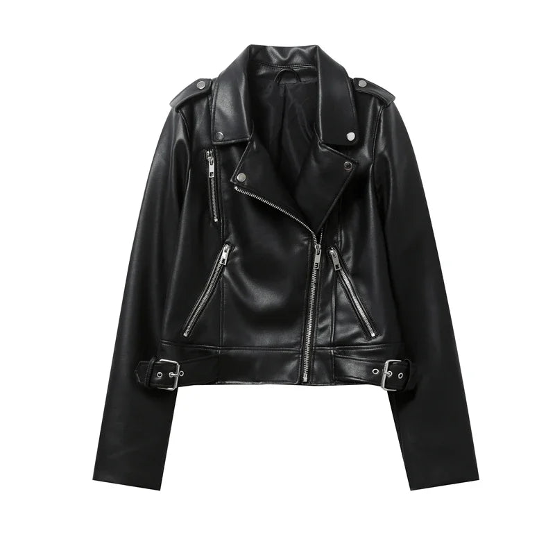 Jaqueta feminina preta em couro sintético primavera 2024, casual, com zíper e cinto, estilo biker.