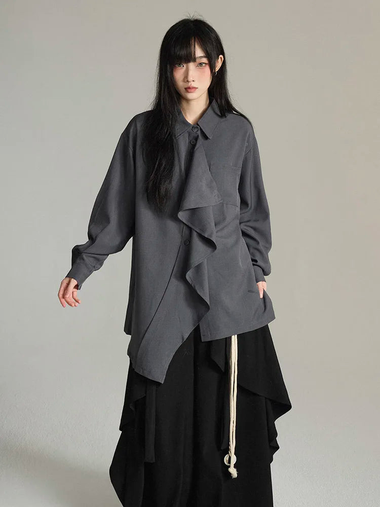 Camisa Feminina Cinza, Estilo Lenço Irregular, Gola Lapela,