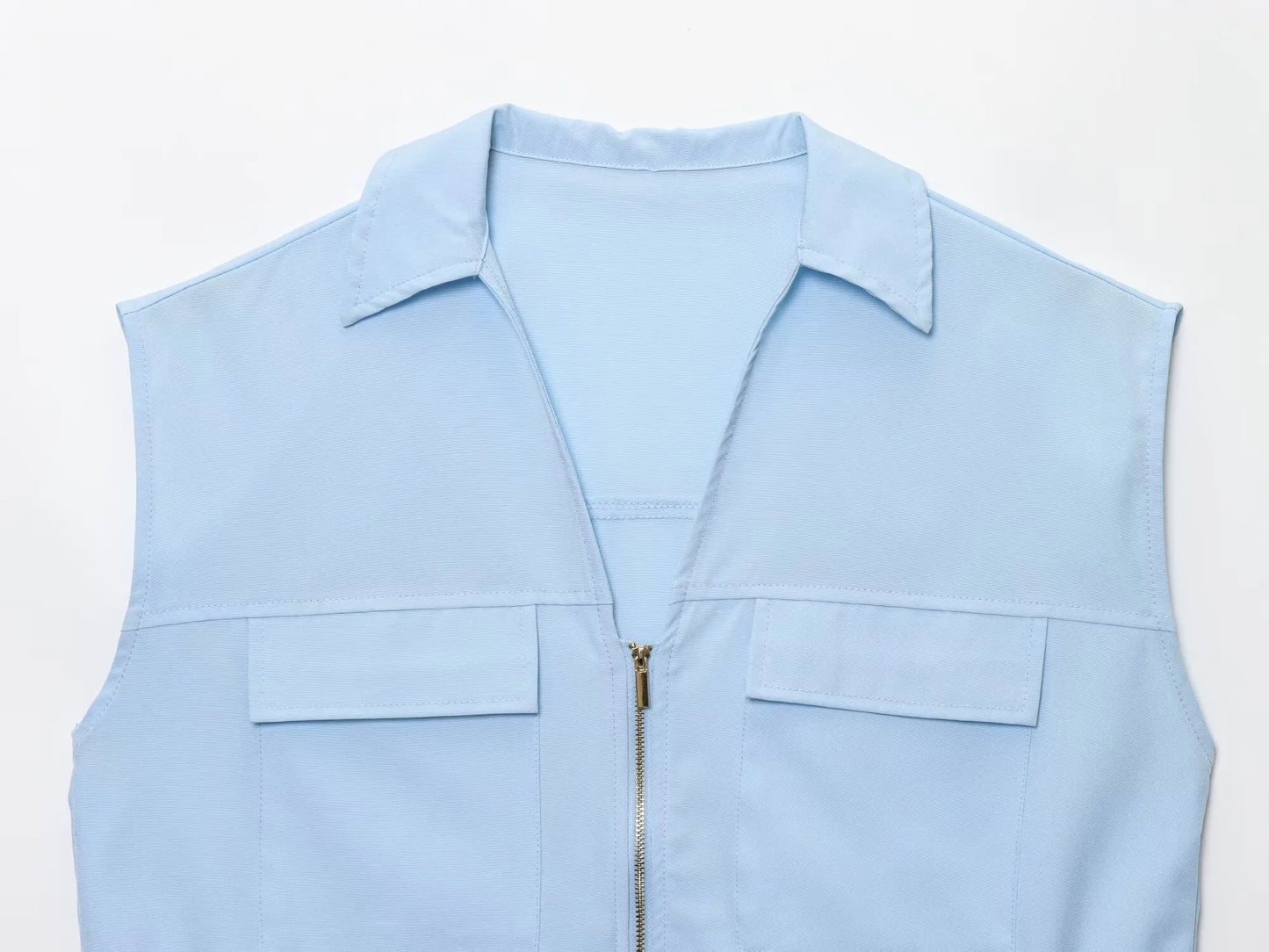 Conjunto BSK&amp;TRAF – Novidades Verão 2025: Top feminino sem mangas estilo safari, com lapela e caimento confortável + calça casual de perna larga e cintura alta.