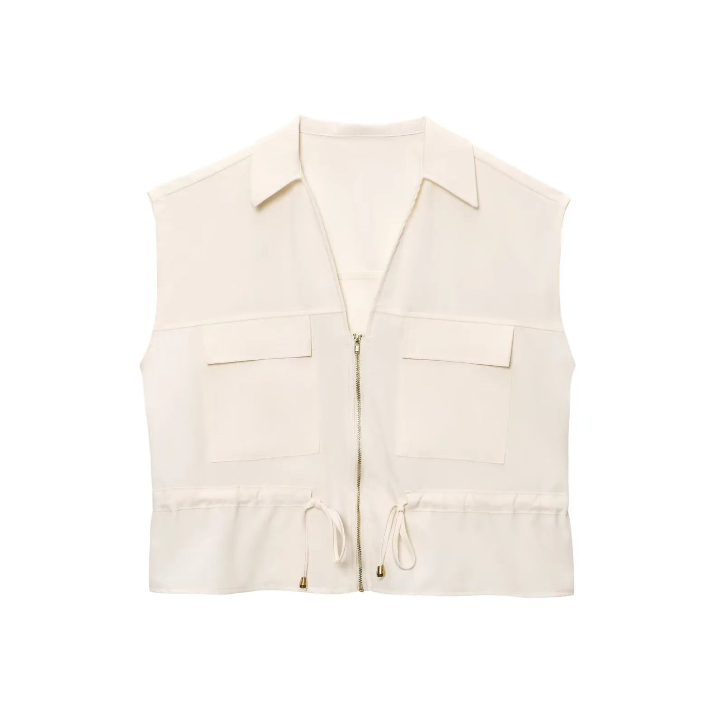 Conjunto BSK&amp;TRAF – Novidades Verão 2025: Top feminino sem mangas estilo safari, com lapela e caimento confortável + calça casual de perna larga e cintura alta.