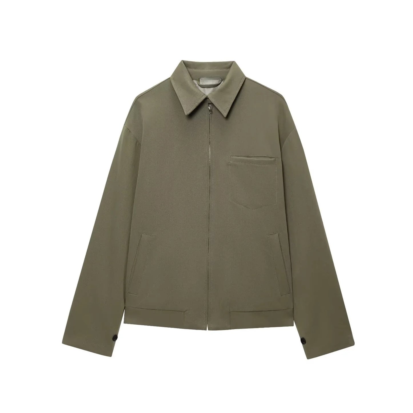 Jaqueta feminina verão 2025, versátil, com zíper, bolsos, mangas longas e lapela, estilo casual