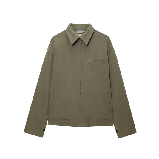 Jaqueta feminina verão 2025, versátil, com zíper, bolsos, mangas longas e lapela, estilo casual