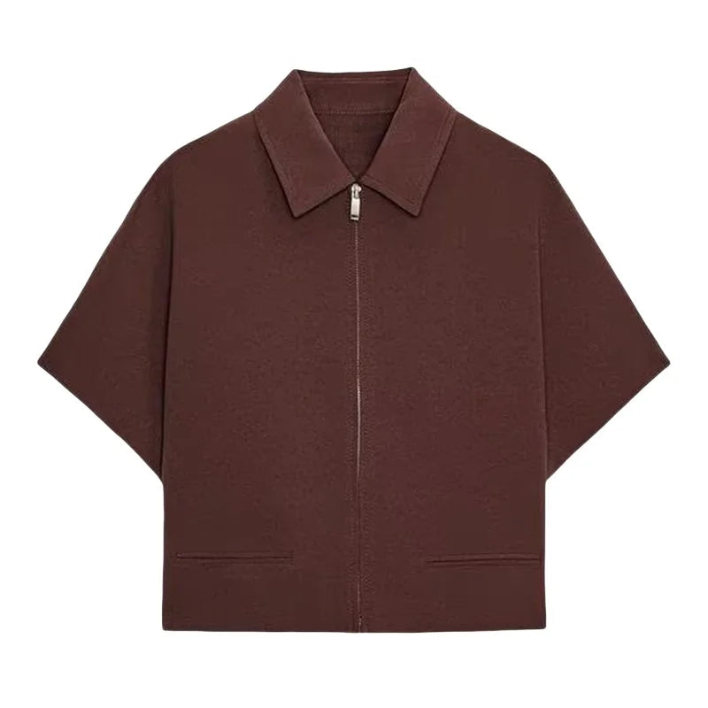 Camiseta feminina curta de verão 2025, lisa, simples e casual, com lapela e manga curta. 