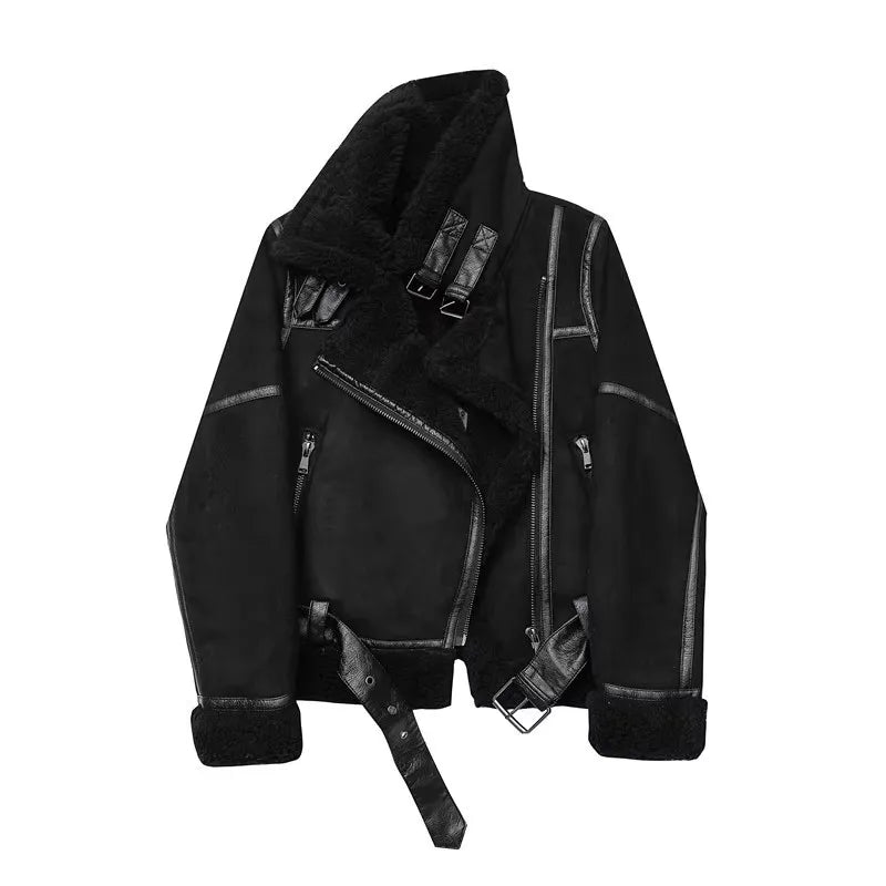 Jaqueta feminina de inverno 2025 em camurça grossa e quente, com forro de lã, modelo curto estilo motoqueiro em marrom, casaco em couro sintético tipo shearling/pele de carneiro.