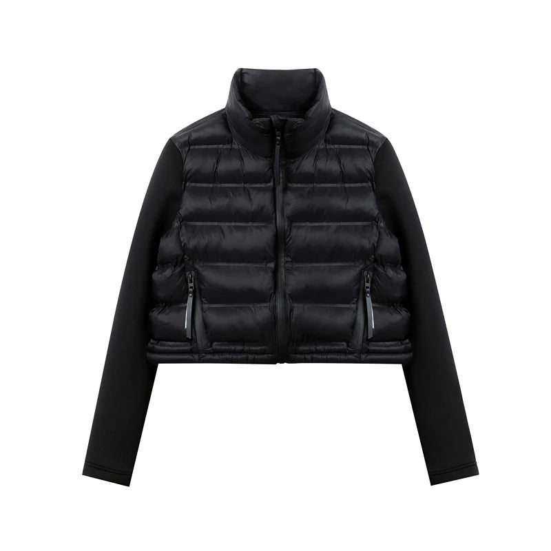 Jaqueta feminina RARF com gola alta, zíper com selagem em pressão, jaqueta em algodão espacial com recortes em preto para mulheres.