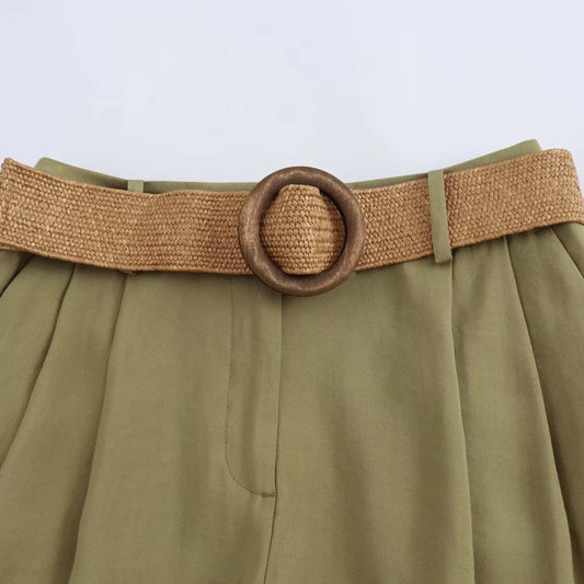 Shorts femininos verão 2025, casuais para o dia a dia, com cinto, modelo solto e simples, com pregas – referência