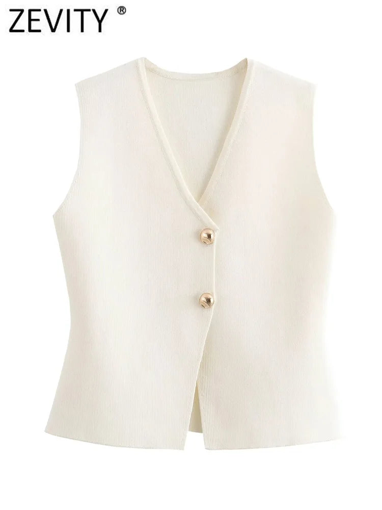 Zevity – novo colete/suéter feminino fashion em malha, com decotes em V, sem mangas, botões dourados, cor lisa, modelo justo e elegante.