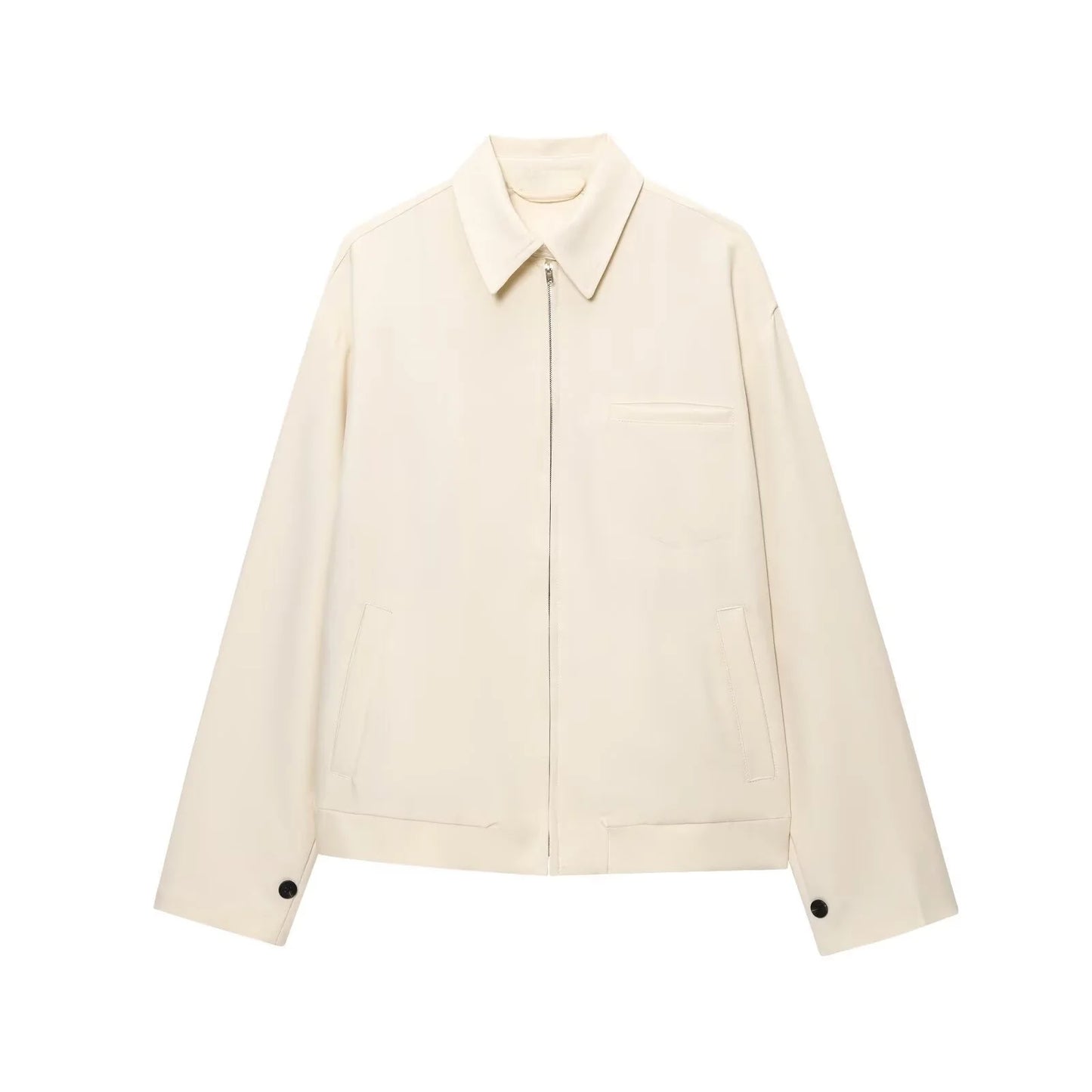 Jaqueta feminina verão 2025, versátil, com zíper, bolsos, mangas longas e lapela, estilo casual