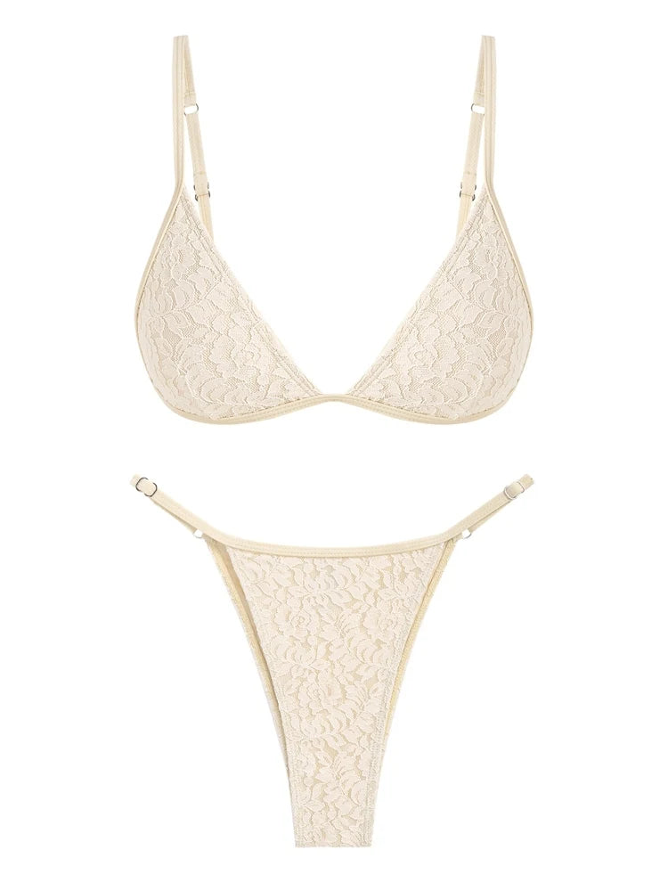 Biquíni sexy de renda modelo triângulo para mulheres, estampa floral, parte de baixo estilo tanga com tiras, conjunto de duas peças, moda praia feminina.