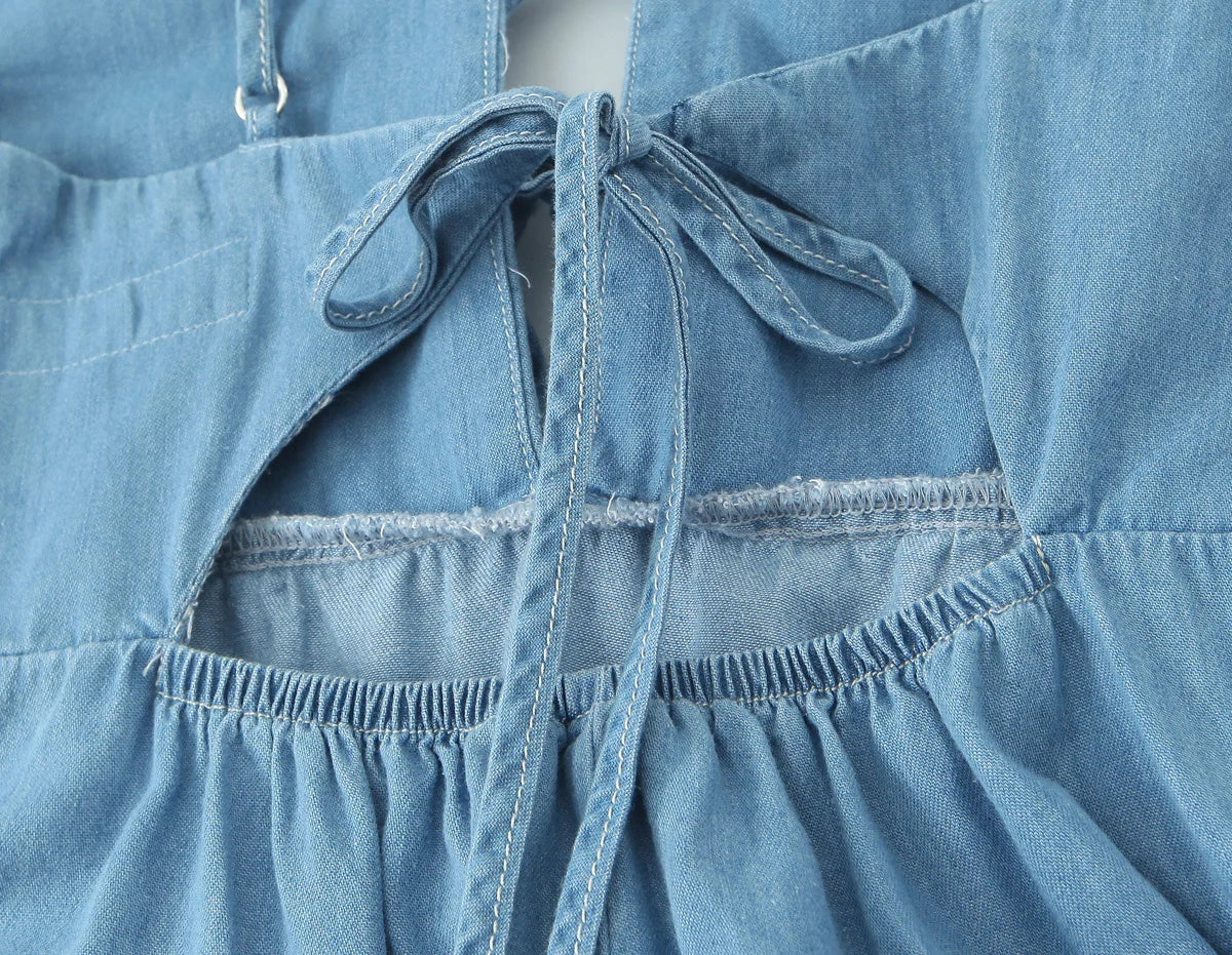 Vestido midi feminino 2025, estilo retrô de férias, com laço, modelagem solta e alças finas (suspender)