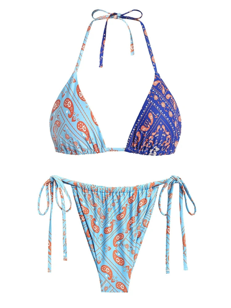 Biquíni de alças com estampa floral, moda praia feminina, com top halter acolchoado e calcinha de amarrar nas laterais, modelo sexy.