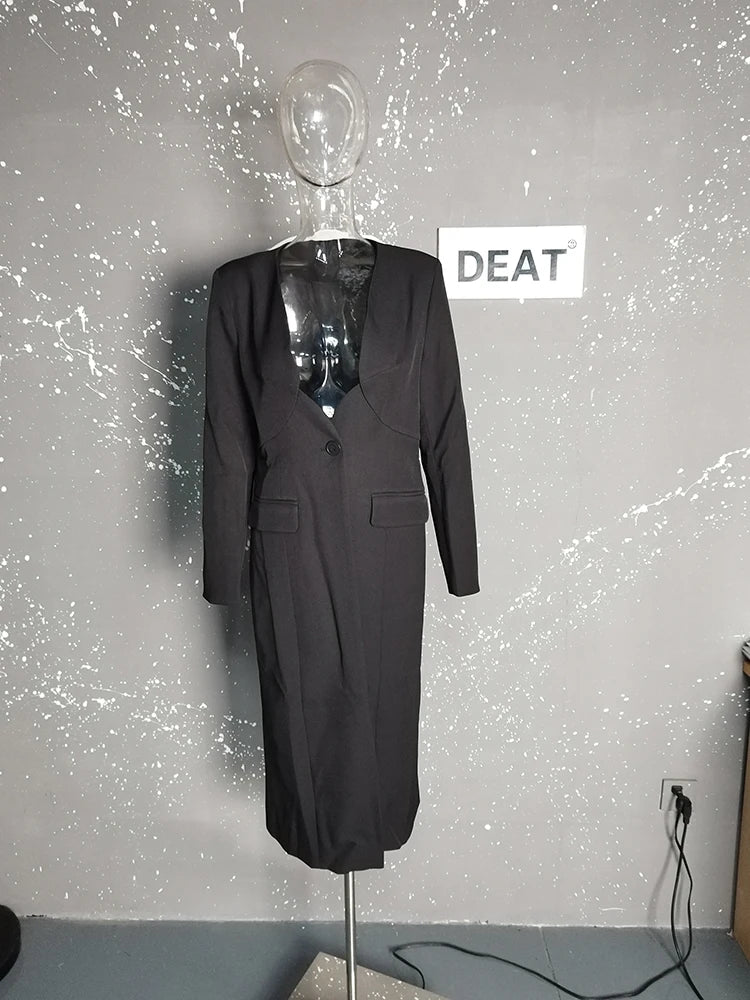 Blazer feminino longo, estilo luxo, com decote em V