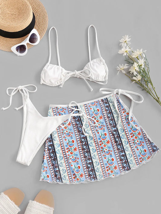ZAFUL – Biquíni boho de três peças, com estampa floral/paisley em tecido canelado, modelo de tiras (corda)