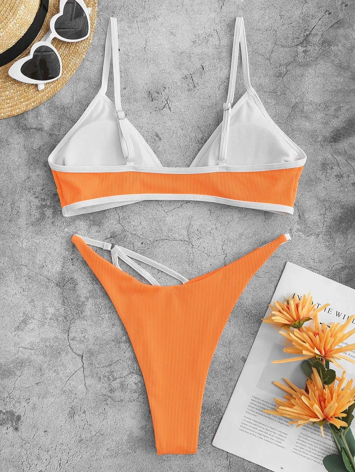 ZZAFUL – Conjunto de biquíni canelado com bojo e viés em contraste modelo brasileiro.