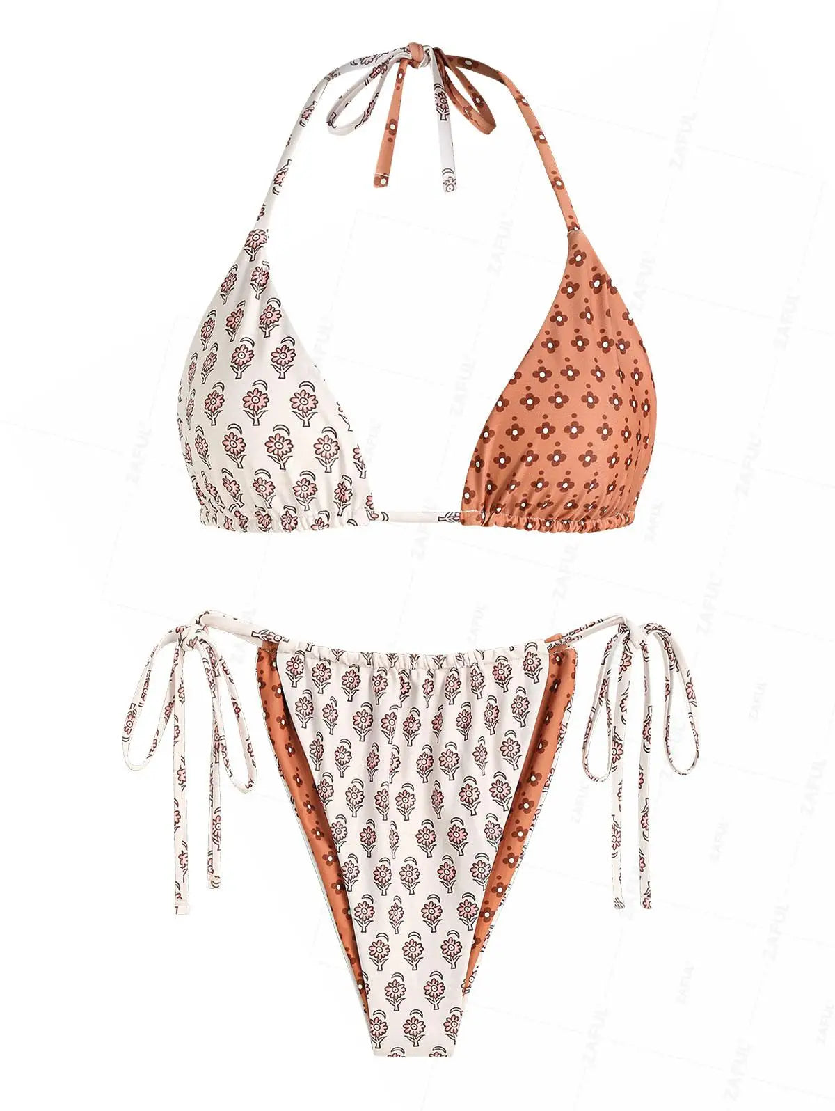 Biquíni de alças com estampa floral, moda praia feminina, com top halter acolchoado e calcinha de amarrar nas laterais, modelo sexy.