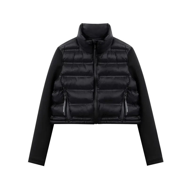 Jaqueta feminina RARF com gola alta, zíper com selagem em pressão, jaqueta em algodão espacial com recortes em preto para mulheres.