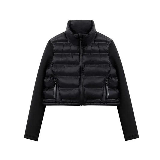 Jaqueta feminina RARF com gola alta, zíper com selagem em pressão, jaqueta em algodão espacial com recortes em preto para mulheres.