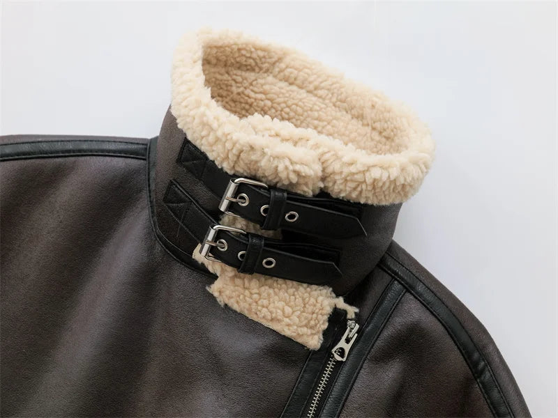 Jaqueta feminina outono/inverno 2025, estilo europeu, quente e grossa, com lapela dupla-face e mangas compridas